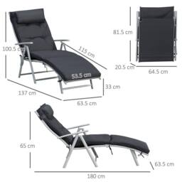 OUTSUNNY Sun Lounger Steel Frame Outdoor Folding Chaise Texteline Lounge Chair Recliner with Headrest & 7 Levels Adjustable Backrest in Black - thumbnail 3