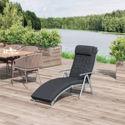 OUTSUNNY Sun Lounger Steel Frame Outdoor Folding Chaise Texteline Lounge Chair Recliner with Headrest & 7 Levels Adjustable Backrest in Black - thumbnail 1
