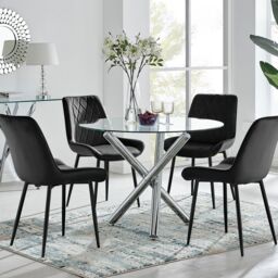 FurnitureboxUK Selina Round Glass Chrome Leg Dining Table & Pesaro Black Leg Chairs - Size: 2 Person