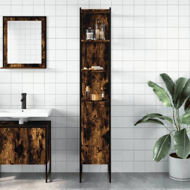 Berkfield Home Sturdy Bathroom Cabinet Smoked Oak 33x33x185.5 cm Engineered Wood in Brown - image 1