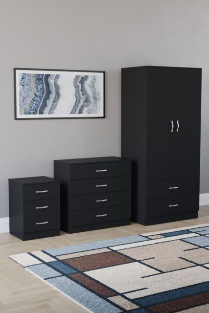 Home Discount Vida Designs Riano 3Pc Bedroom Set - 3 Drawer Bedside & 4 Drawer Chest in Black - image 1