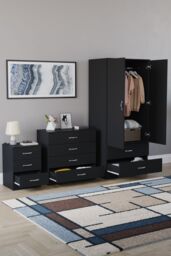 Home Discount Vida Designs Riano 3Pc Bedroom Set - 3 Drawer Bedside & 4 Drawer Chest in Black - thumbnail 2