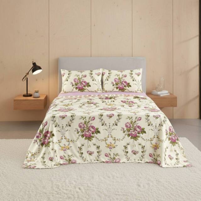 Snug City Soft Floral Brushed Cotton Fitted Flat Sheet & Matching Pillowcases in Pink - Size: Single - image 1