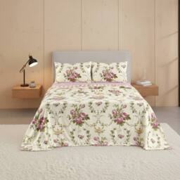 Snug City Soft Floral Brushed Cotton Fitted Flat Sheet & Matching Pillowcases in Pink - Size: Single