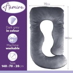 Aamira Dark Grey Pregnancy Maternity Pillow, 140x70x20cm J Shaped Memory Foam - Size: 140 x 70 x 20 cm - thumbnail 3