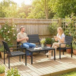 OUTSUNNY 4 Piece Garden Furniture Set, HDPE Metal Outdoor Sofa in Black - thumbnail 1
