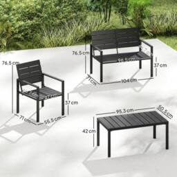 OUTSUNNY 4 Piece Garden Furniture Set, HDPE Metal Outdoor Sofa in Black - thumbnail 3