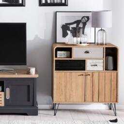 Wyld and Coco Light Brown Retro Sideboard 80 x 40 x 87 cm - 2 Doors 3 Drawers - thumbnail 1
