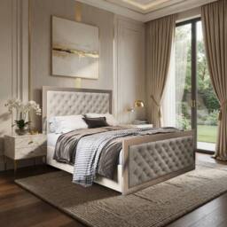 Casani Launceston Upholstered Soft Velvet Beige Metal Designer Bed Frame in Cream - Size: King