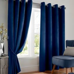 Luxury Living Velvet Thermal Blackout Eyelet Curtains Ready Made Pair in Blue - Size: 168 cm width x 183 cm drop - thumbnail 7