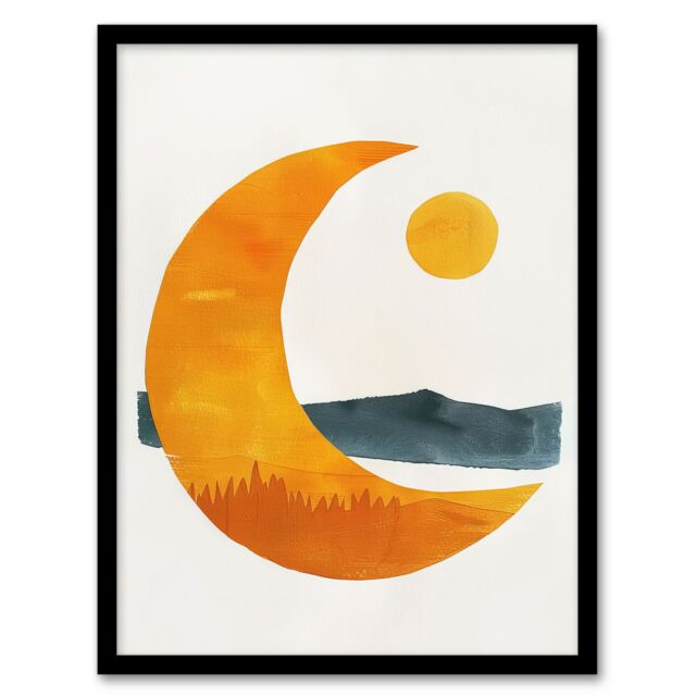 Artery8 Abstract Crescent Moon Sun Sea Orange Blue Boho Framed Art Print in Yellow - Size: A4 - image 1