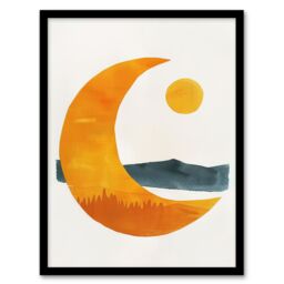 Artery8 Abstract Crescent Moon Sun Sea Orange Blue Boho Framed Art Print in Yellow - Size: A4 - thumbnail 1