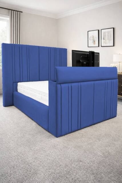 PARADISE BEDS LTD Smart Screen Velvet Upholstered Smart TV Bed Frame - Plush Velvet in Dark Blue - Size: Small Double - image 1