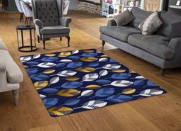 Benjamin Tate Design White Blue & Gold Leaves On Navy Rug in Natural - Size: Large - thumbnail 2
