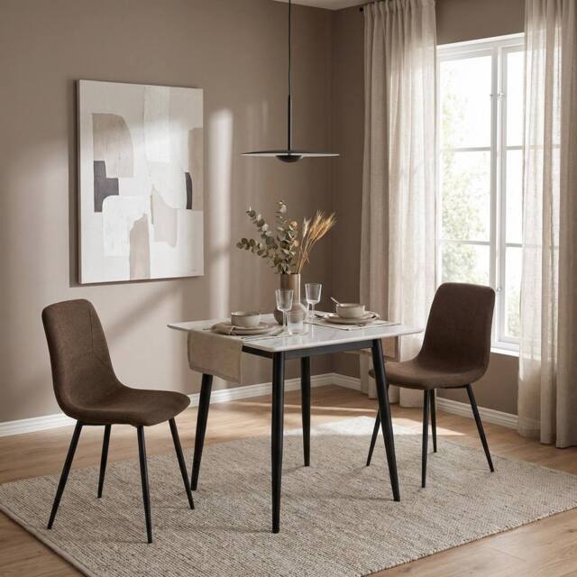FWStyle 3PC Cream Marble Effect Square Dining Table & Dark Brown Chairs Set - image 1