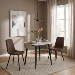 FWStyle 3PC Cream Marble Effect Square Dining Table & Dark Brown Chairs Set - thumbnail 1