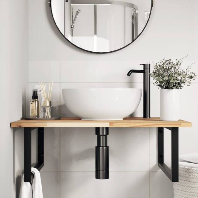 Berkfield Home Elegant Basin Shelf Wall Mounted Steel & Solid Wood Acacia in Brown - image 1