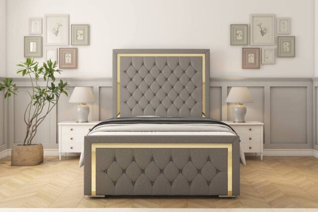 "Sloomy Sofia Gold Dumfries Frame-Mattress - 50"" Upholstered Headboard in Light Grey - Size: Double" - image 1
