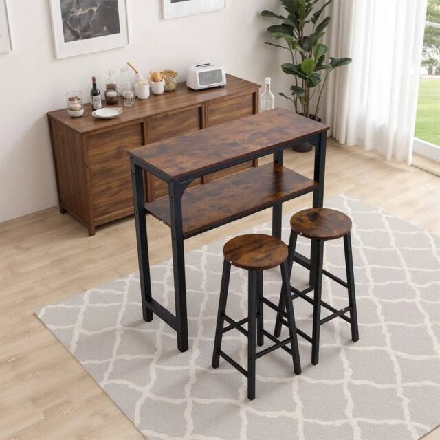 EONLION Bar Table Set Bistro Kitchen Breakfast Dining in Brown - Size: 100 cm - image 1