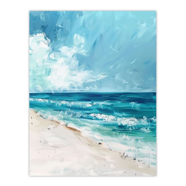 "Artery8 Ocean Waves on Sandy White Beach Oil Painting Wall Art Print in Blue - Size: W18"" x H24""" - image 1
