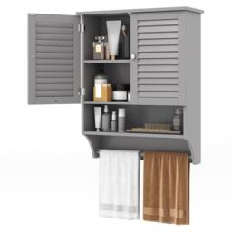 Costway Wall Mounted Bathroom Cabinet Wooden Medicine Cabinet w/2 Doors in Grey - thumbnail 3