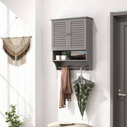 Costway Wall Mounted Bathroom Cabinet Wooden Medicine Cabinet w/2 Doors in Grey - thumbnail 6