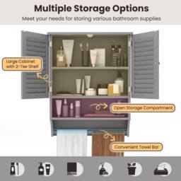 Costway Wall Mounted Bathroom Cabinet Wooden Medicine Cabinet w/2 Doors in Grey - thumbnail 7