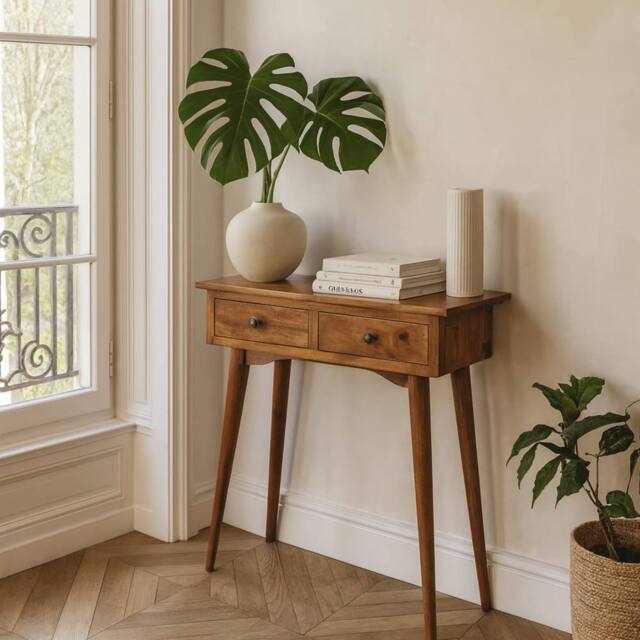 Wyld Haus Parma Mini Oak Mango Wood Console Table 2 Drawers in Brown - image 1
