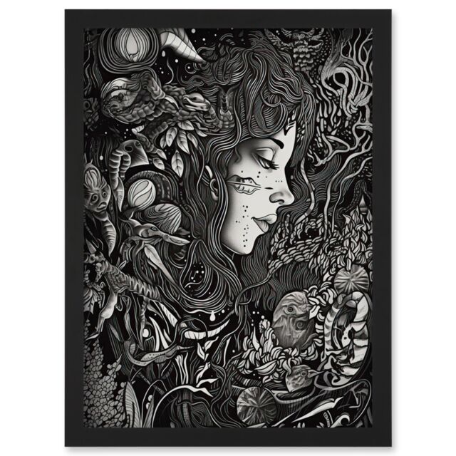 Artery8 Nature Goddess Black & White Modern Illustration Artwork Framed Wall Art Print A4 - image 1