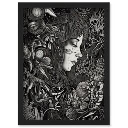 Artery8 Nature Goddess Black & White Modern Illustration Artwork Framed Wall Art Print A4 - thumbnail 1