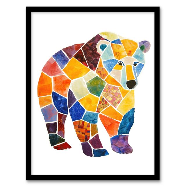 "Artery8 Polar Bear With Mosaic Pattern Folk Art Painting Framed Wall Art - Size: W12"" x H16""" - image 1