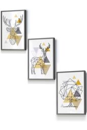 ARTZE Geometric Line Art Yellow Stags Tree Set Framed Wall Art - Small in Dark Grey - Size: W33 cm x H45 cm x D20mm