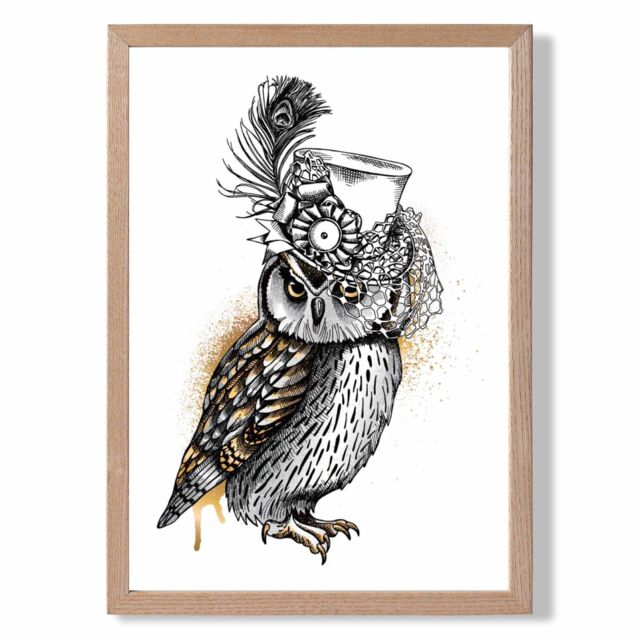 ARTZE Steam Punk Owl Sketch Framed Print SIZE: A3 with Oak Frame in Yellow - Size: A4 - image 1