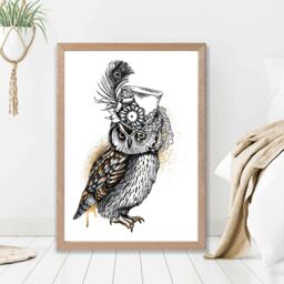 ARTZE Steam Punk Owl Sketch Framed Print SIZE: A3 with Oak Frame in Yellow - Size: A4 - thumbnail 2