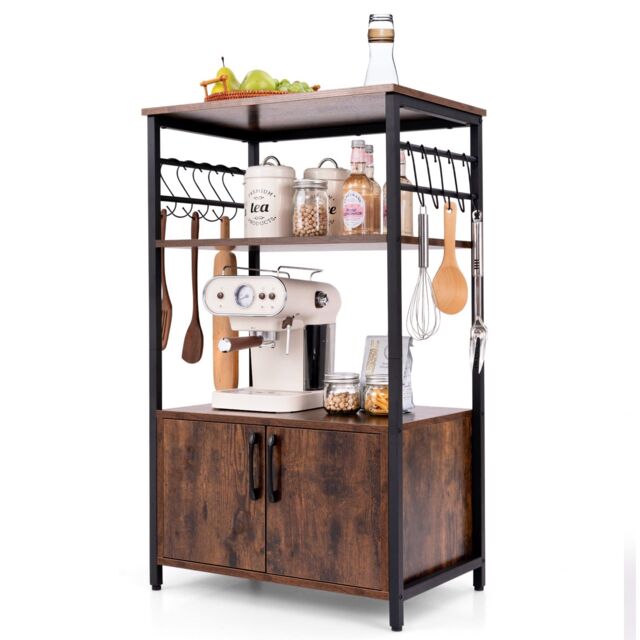 Gymax 3-Tier Kitchen Cabinet Bakers Rack Industrial Microwave Stand 10 Hooks in Brown - image 1