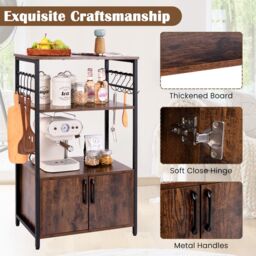 Gymax 3-Tier Kitchen Cabinet Bakers Rack Industrial Microwave Stand 10 Hooks in Brown - thumbnail 6