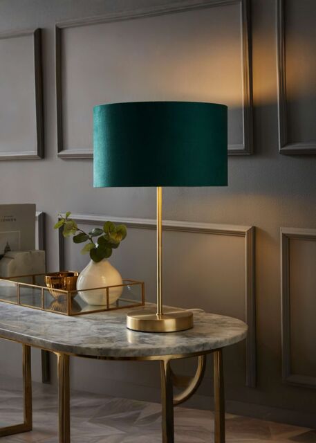 ValueLights Charlie Gold Stem Table Lamp with Velvet Drum with Gold Inner Lamp Shade & Bulb in Bottle Green - image 1