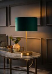 ValueLights Charlie Gold Stem Table Lamp with Velvet Drum with Gold Inner Lamp Shade & Bulb in Bottle Green - thumbnail 2