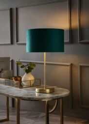 ValueLights Charlie Gold Stem Table Lamp with Velvet Drum with Gold Inner Lamp Shade & Bulb in Bottle Green - thumbnail 1