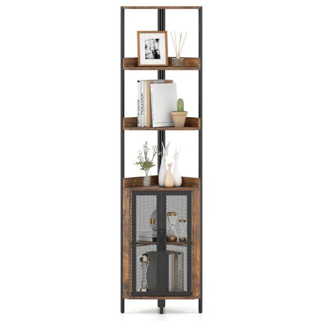 Gymax 6-Tier Corner Bookshelf Industrial Bookcase Display Shelf With Doors in Brown - image 1
