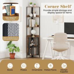 Gymax 6-Tier Corner Bookshelf Industrial Bookcase Display Shelf With Doors in Brown - thumbnail 3