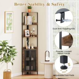 Gymax 6-Tier Corner Bookshelf Industrial Bookcase Display Shelf With Doors in Brown - thumbnail 8