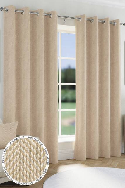 Enhanced Living Herringbone Jacquard Blackout Eyelet Curtains - Bedroom & Living Room in Natural - Size: 117 cm width x 137 cm drop - image 1
