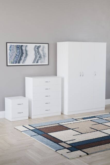 Home Discount Riano 3Pc Bedroom Set - 2 Drawer Bedside, 5 Drawer Chest & Wardrobe in White - image 1