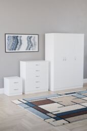 Home Discount Riano 3Pc Bedroom Set - 2 Drawer Bedside, 5 Drawer Chest & Wardrobe in White - thumbnail 1