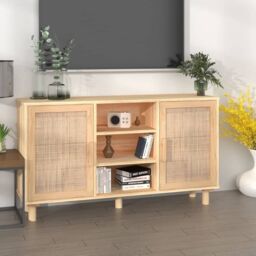 Berkfield Home Sideboard Brown 105x30x60 cm Solid Wood Pine & Natural Rattan - Size: 105 x 30 x 60 cm