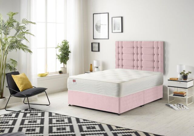 Somnior Bliss Plush Divan Bed with Sprung Memory Foam Mattress & Headboard Plush Fabric in Pink - Size: Double - image 1