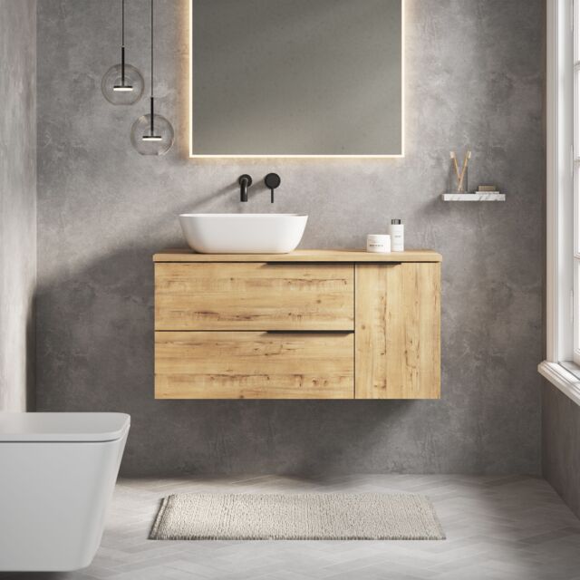 Banyetti Celtic Duo 1000mm Wall Hung Vanity Unit with Door & Worktop - Ostippo Oak in Light Oak - image 1