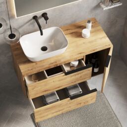 Banyetti Celtic Duo 1000mm Wall Hung Vanity Unit with Door & Worktop - Ostippo Oak in Light Oak - thumbnail 4