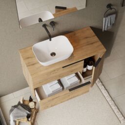 Banyetti Celtic Duo 1000mm Wall Hung Vanity Unit with Door & Worktop - Ostippo Oak in Light Oak - thumbnail 8